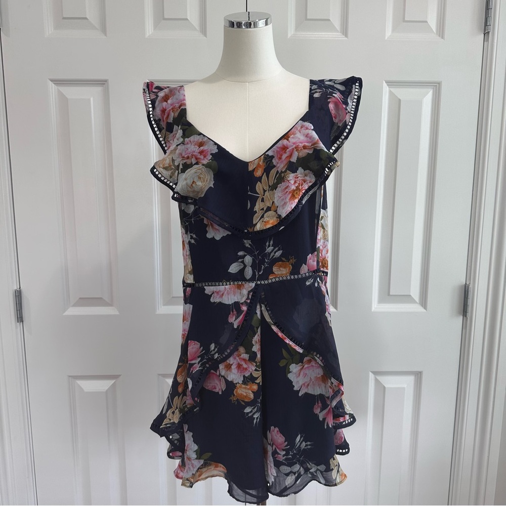 City Chic Navy Bleu Pink Asymmetrical v-Neck Ruffled Cut-out Jumpsuit Size 16